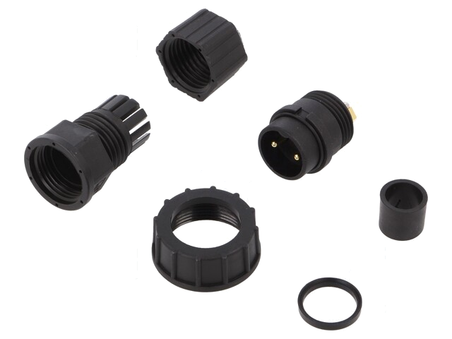Connector: rond; stekker; maat D; mannelijk; PIN: 2; verguld; 20A Connector: rond; stekker; maat D; mannelijk; PIN: 2; verguld; 20A